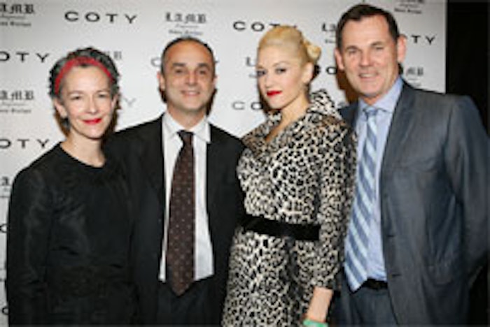 From left, Catherine Walsh senior vice president, American Fragrances, Coty Prestige Worldwide; Michele Scannavani, president, Coty Prestige Worldwide; Gwen Stefani; and Bernd Beetz, CEO, Coty Inc.