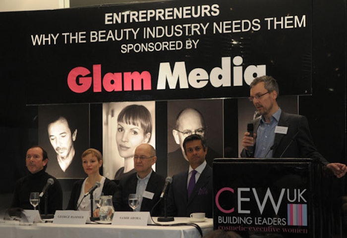 Clive Christian, founder, Clive Christian; Marcia Kilgore, founder and creative director, Soap and Glory and FitFlop; George Hammer, CEO, Urban Retreat; Samir Arora, co-founder, chairman and CEO, Glam Media; Matthew Gwyther, moderator.