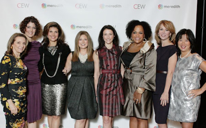 2010 CEW Achiever Award Honorees: left to right, Carlotta Jacobson, president, CEW; Janet Pardo, senior vice president, global product development, Clinique; Claudia Poccia, global president, Mark, Avon Products, Inc.; Lori Singer, group vice president, global marketing, Coty Prestige; Alex Keith, vice president, P&G; Lisa Price, founder, Carol’s Daughter; Susan Sweet, general manager, Neutrogena, Johnson & Johnson Consumer Group of Companies (who accepted the Corporate Empowerment for Women, C.E.W., Award, on behalf of Johnson & Johnson Consumer Companies, Inc.); and Jeannine Shao Collins, chief innovation officer, Meredith 360, at the CEW Achievers Award luncheon.
