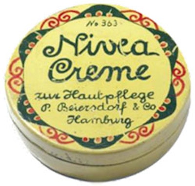 Nivea Crème originally sold in a yellow tin in 1911. Nivea is a derivative of the Latin word meaning “snow white.” The green tendrils were a reflection of the period’s artistic trend, Art Nouveau—French for “new art.”