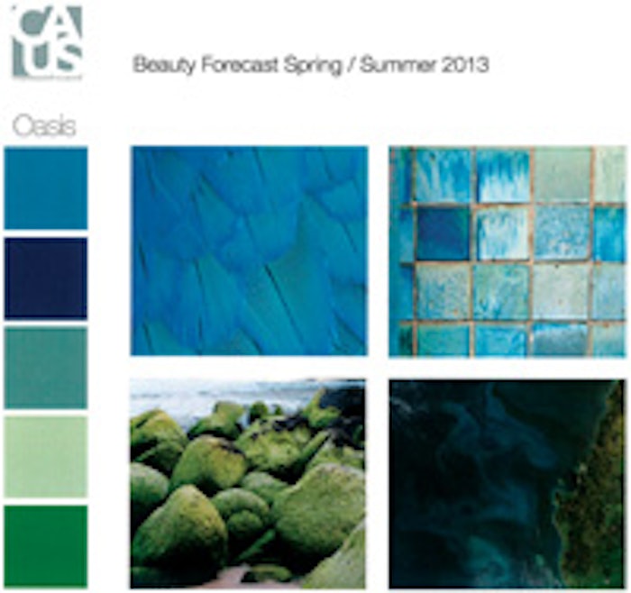 This mood board of scenes, shapes, textures and colors from The Color Association of the United States' Beauty Forecaset Spring/Summer 2013 that served as the inspiration for drom perfumer Kevin Verspoor's Oasis fragrance.