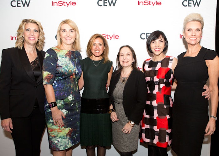 The 2013 CEW Achiever Award winners, from left, Carolyn Holba of Maybelline New York, Garnier USA & Essie Nail Polish; Claudia Lucas, director merchandising, beauty, QVC; Julia Goldin, global chief marketing officer, Revlon; Karen Dubin, founder and director, Sniffapalooza; Agnes Landau, senior vice president, global marketing, Clinique; and Karen Buglisi-Weiler, global brand president, MAC.