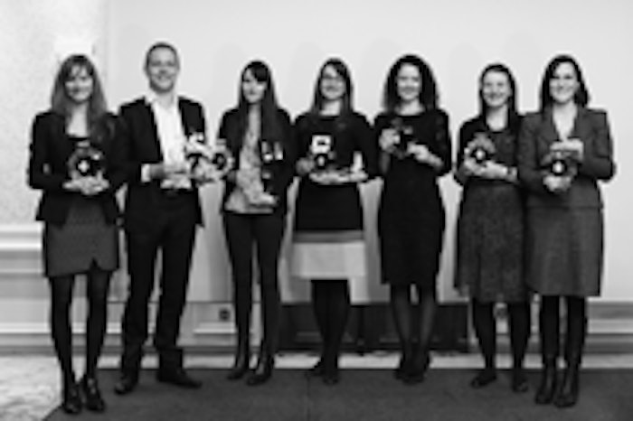 2013 Beauty 2.0 Award winners: (from left) Agnes Debains of L’Occitane en Provence; Eric Goguey of Sephora; Mylene Thibault of Beyou(tiful) Blog; Aleksandra Frings of Nu Skin; Norma Taylor-Ladousse of Lancôme; Kathleen Ryan of Unilever; and Jamie Schott of Mary Kay