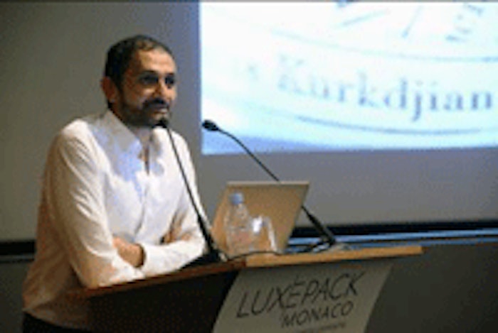 Luxe Pack Monaco 2013's guest of honor, internationally renowned perfumer Francis Kurkdjian, gives his presentation to a packed auditorium.