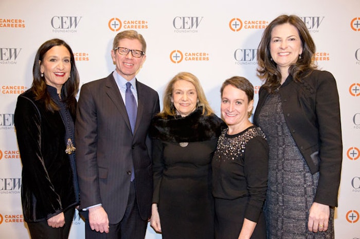 Group, left to right, Heidi Manheimer, CEO, Shiseido Cosmetics, America and CEW Foundation chairwoman; Mike George, president and CEO, QVC, Inc.; Carlotta Jacobson, president, CEW; Kate Sweeney, executive director, Cancer and Careers; and Mary Murcko, vice president and publisher, Self. (Photo credit: Patricia Willis Photography).