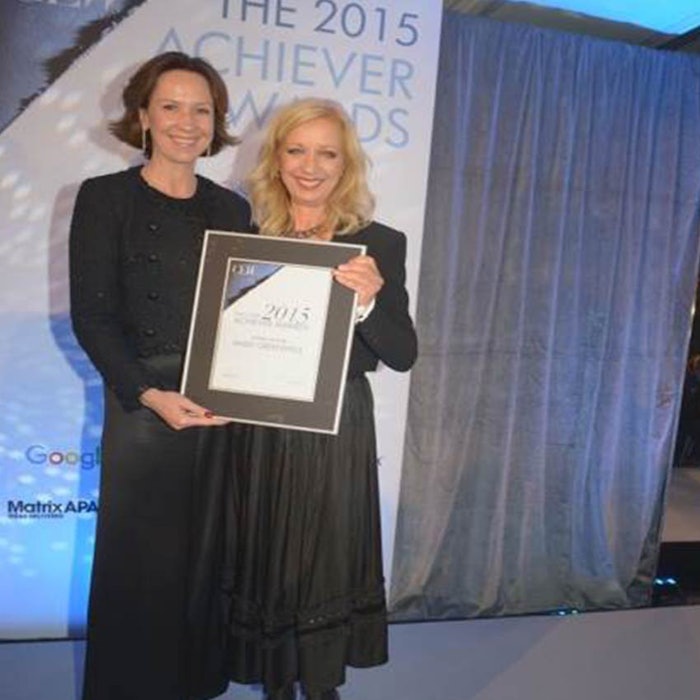 From left: Jo Allison, PR Director at Chanel presented the CEW Lifetime Achiever award to makeup artist Mary Greenwell.
