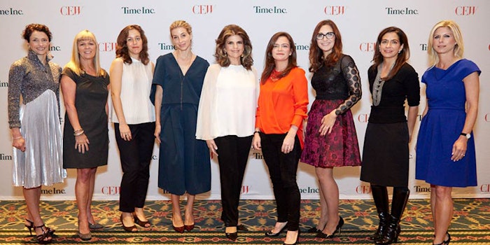 From left: CEW honorees Alex Keith, president, global skin and personal care, Procter & Gamble; Sarah Hibberson, senior vice president, human resources, L’Oréal USA; Rachel Field, cofounder and vice president of discovery for Vapor Communications; Katia Beauchamp, cofounder and CEO Birchbox; Karen Fondu, L’Oréal Paris; Tamara Rogers, Unilever; Michelle Freyre, president, U.S. Beauty, Johnson & Johnson Consumer Inc.; Beth DiNardo, Smashbox; and Marla Malcolm Beck, CEO and cofounder, Bluemercury, Inc.; Photo courtesy of JF Productions.