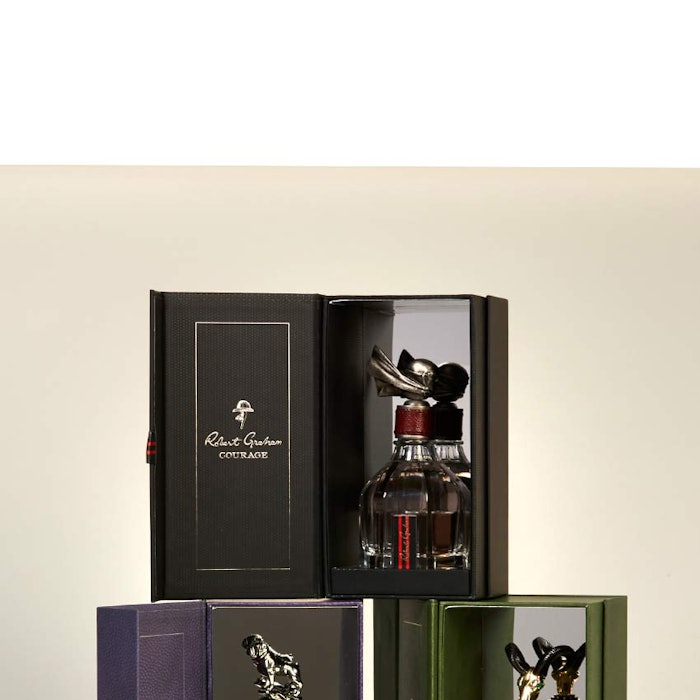 Batallure Beauty’s Robert Graham Blended Essence Launch packaging submitted by Metal Dynamics and Encore International for Package of the Year and Fragrance Gold honors