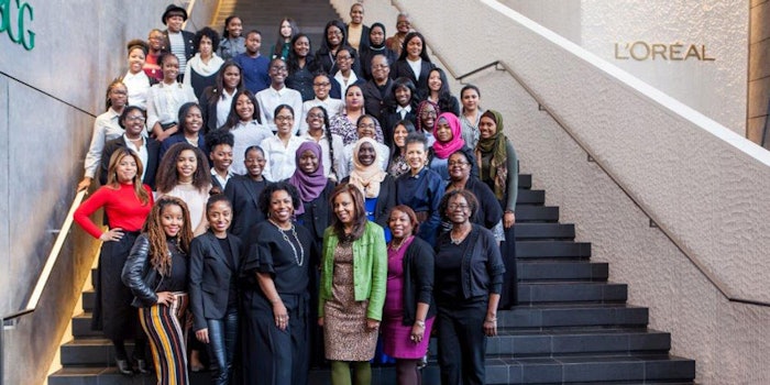 Front row, left to right, Interactive workshop presenters Shameika Bowman and Tatia Adams Fox, are joined by Cecilia Nelson-Hurt, Assistant Vice President of Diversity & Inclusion and Cheryl Green-Foster, President, New York Coalition of One Hundred Black Women, along with two Coalition members, in front of Role Model 2018 students at L’Oréal USA headquarters.