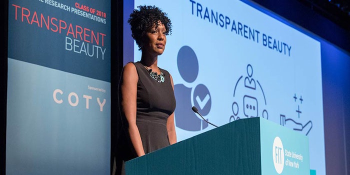 Gena Surphlis, account manager, Firmenich, presents findings from the 2018 FIT Transparency Perception Assessment Survey at the 2018 Capstone Research event on Transparent Beauty, presented by the graduating class of FIT’s Cosmetics and Fragrance Marketing and Management Master’s Degree program.