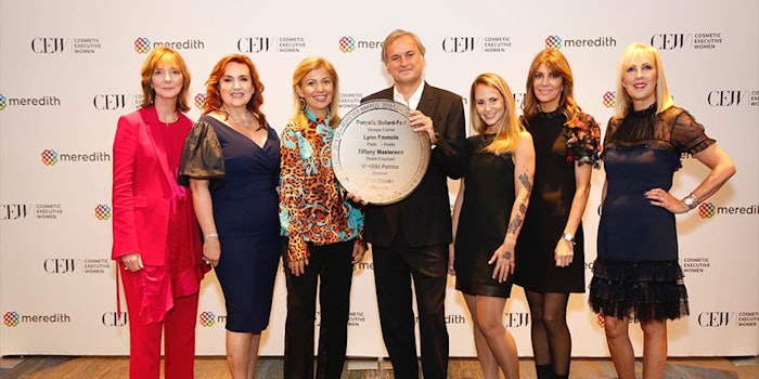 CEW honored a range of women who are leading differently, including, from left: Lynn Emmolo, chief, Rodan + Fields; Tara Simon, SVP, merchandising, Ulta Beauty; Vasiliki Petrou, Global EVP Prestige, Personal Care, Unilever; Marc Rey, president and CEO, Shiseido Americas; Shoval Shavit Shapiro, founder and chief creative, Amkiri; Tiffany Masterson, founder and chief creative officer, Drunk Elephant; and Danyelle Boilard Paul, EVP and general manager, Groupe Clarins USA.