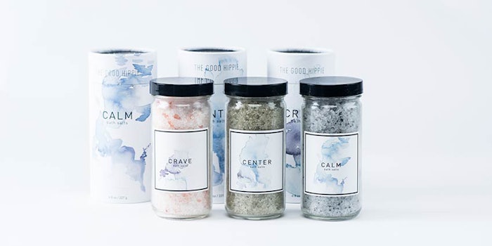 The Good Hippie uses a simple square with light water coloring for labels on their glass products—a good example of minimalist design.