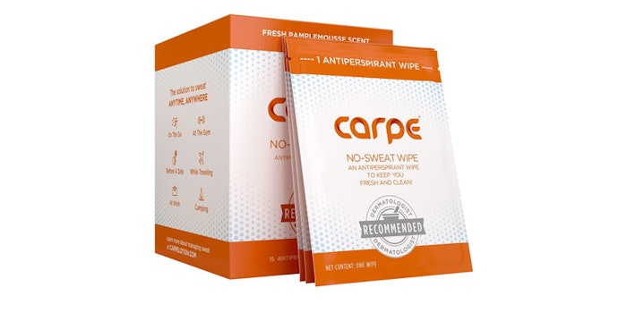 Carpe's Antiperspirant Wipes come in boxes of 15 individually packaged wipes.
