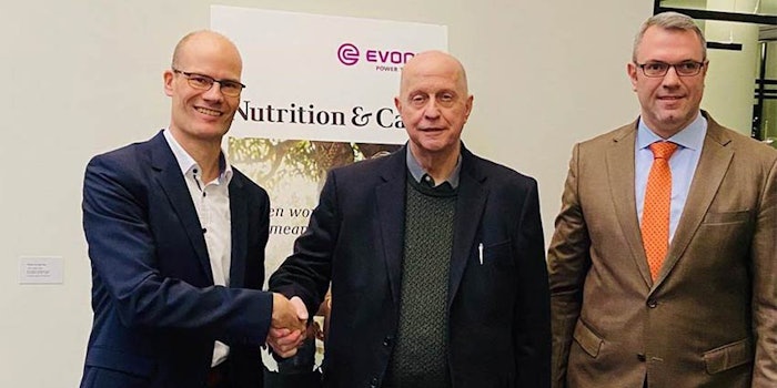 From left, Tammo Boinowitz, Ph.D., head of Evonik’s Care Solutions business line, Joe San Filippo, CEO and founder of Wilshire Technologies, and Ricardo Willemann, vice president of active ingredients for Evonik’s Care Solutions business line.