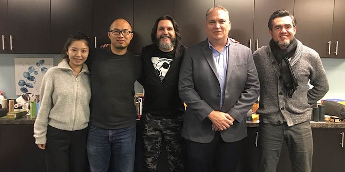 Left to Right: Sabrina Xi, Director of Marketing Development, Sassy Lips; Sean Pelton, President + Founder of Sassy Lips; Angel del Solar, Managing Director & Co-Founder, 18.21 Man Made, LLC; Chris James, President, East Hill Industries; and David del Solar, Director of Operations & Product Development/Co-Founder, 18.21 Man Made, LLC.