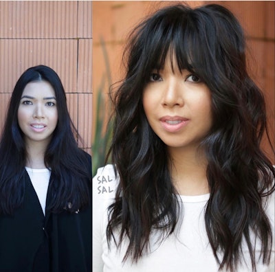 Before and after of a client with bardot bangs.