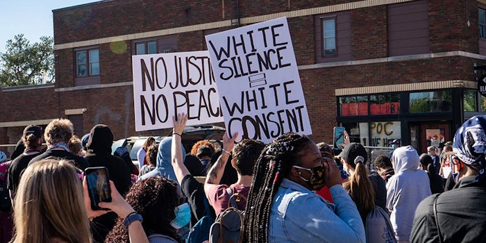 Brands are being pushed to offer more robust responses to social justice protests; pictured are protesters in Minneapolis on May 29, 2020.