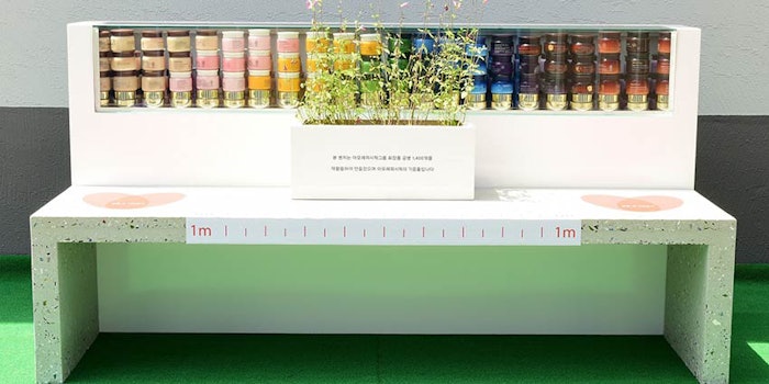 Amorepacific's bench pays tribute to the value of recycling by displaying cosmetic containers, of which the bench used 1,400 in its creation.