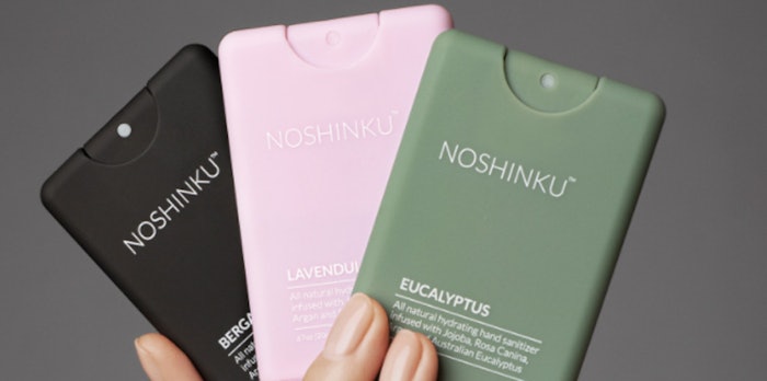 The sanitizer is packaged in a sleek and slim matte pocket sprayer.