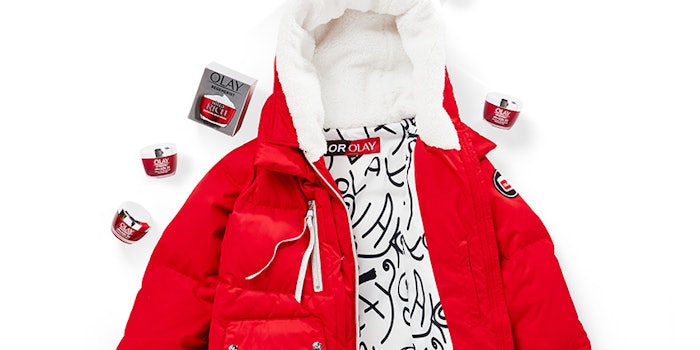 The Olay x Orolay coat is inspired by Olay's red moustizer jars.