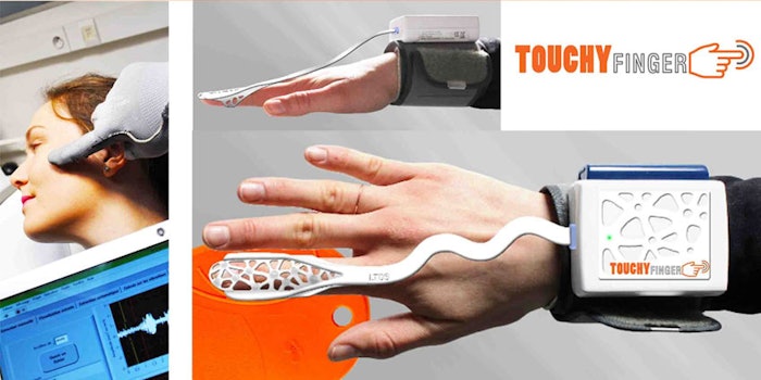 'Touchy Finger' is an augmented and connected human finger to assess skin and hair feel.