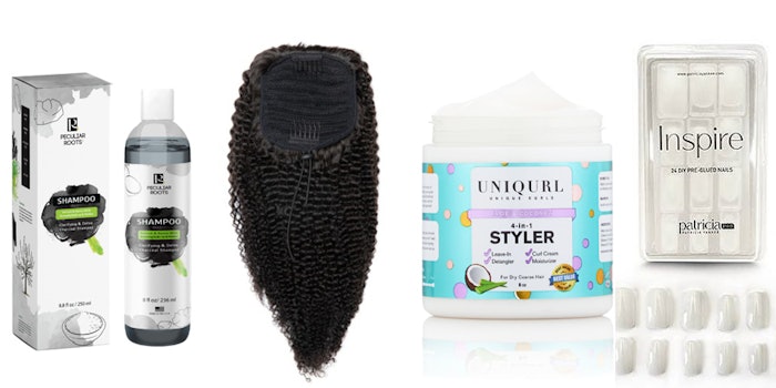 From left to right: Peculiar Roots, Black Charcoal Shampoo; True + Pure Texture, Jasmine Coil Ponytail (16 inch); UniQurl, 4-in-1 Styler; Pattie Yankee Products, Inspire Nails.