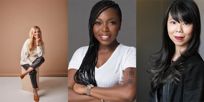 From left: Nicola Kilner of Deciem, Sharon Chuter of UOMA Beauty and JuE Wong of Olaplex will take part in Beauty Accelerate Virtual 2021 to offer a view of where beauty is going next.
