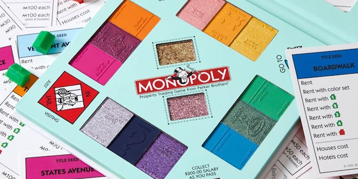 The HipDot and Hasbro collaboration includes makup palettes resembling signature Hasbro brands Monopoly, Ouija and Play-Doh.