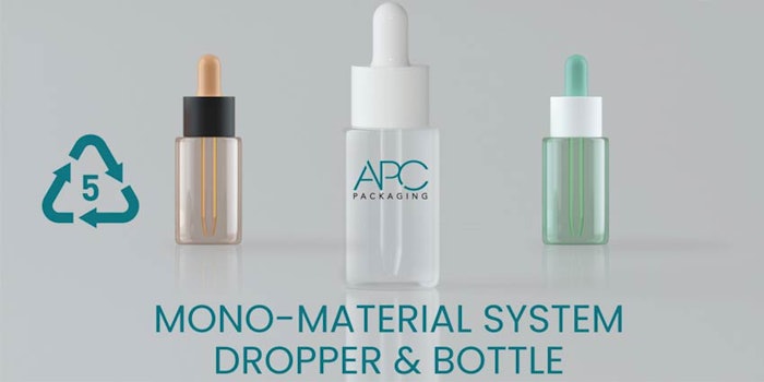 APC Packaging's Mono-Material System Dropper and Bottle offers customizable packaging through its multi-colored pipettes. The bottle and dropper can be recycled as one unit.