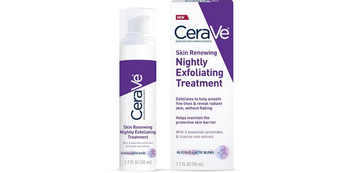 CeraVe's latest product in its anti-aging line is a chemical exfoliating serum formulated with 5% AHA, licorice root and three essential ceramides to improve hydration and reduce the appearance of skin aging.