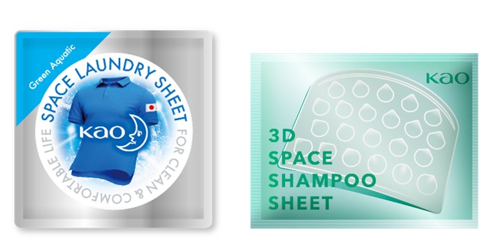 Kao’s Space Laundry Sheet and 3D Space Shampoo Sheet are designed to clean clothes and hair without using water.