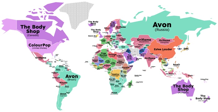 The most popular beauty brands in 2021 by country are Avon (37 countries), Oriflame (25 countries) and The Body Shop (21 countries).