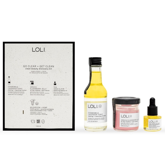 Loli’s Go Clear + Get Clean Discovery Kit includes Loli’s three top-selling products—Chamomile Lavender Tonic Deluxe Mini, Arnica Elderberry Jelly and Tea Seed Elixir Deluxe Mini.