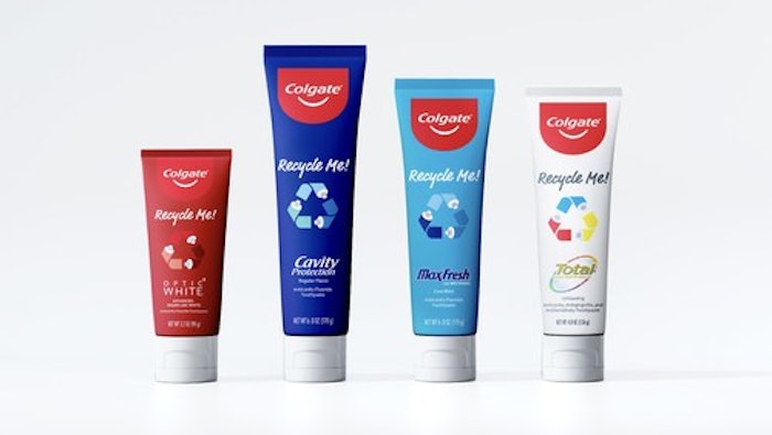 Colgate's recyclable tubes are made from the same high density polyethylene used in milk and detergent bottles.