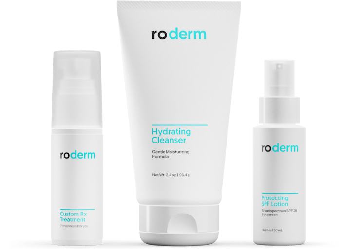Ro Derm designed the Custom Rx Treatment formulations and selected a cleanser and SPF to complement them.