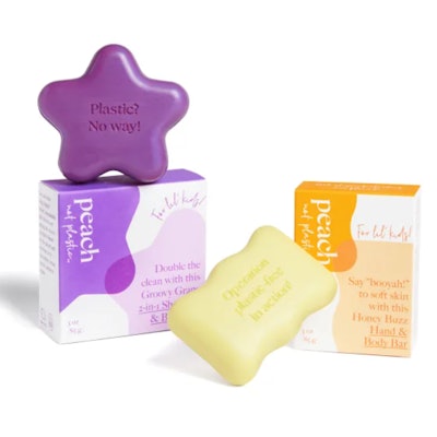 Peach Not Plastic Lil’ Kids collection includes the 2-in-1 Shampoo & Body Bar in Groovy Grape and the Hand & Body Bar in Honey Buzz.