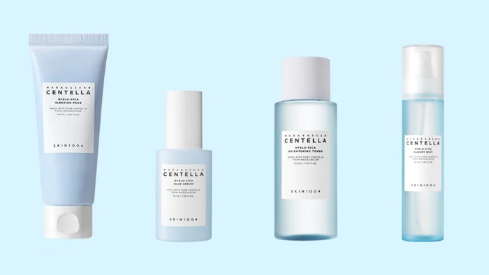 SKIN1004’s Hyalu-Cica line, containing Brightening Toner, Cloudy Mist, Blue Serum and Sleeping Pack, is based on hyaluronic acid and Centella asiatica to moisturize dry and dehydrated skin.