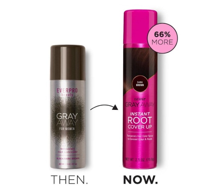 Pictured is a before and after of Everpro Gray Away's Root Cover Up sprays as shared on their Instagram page.