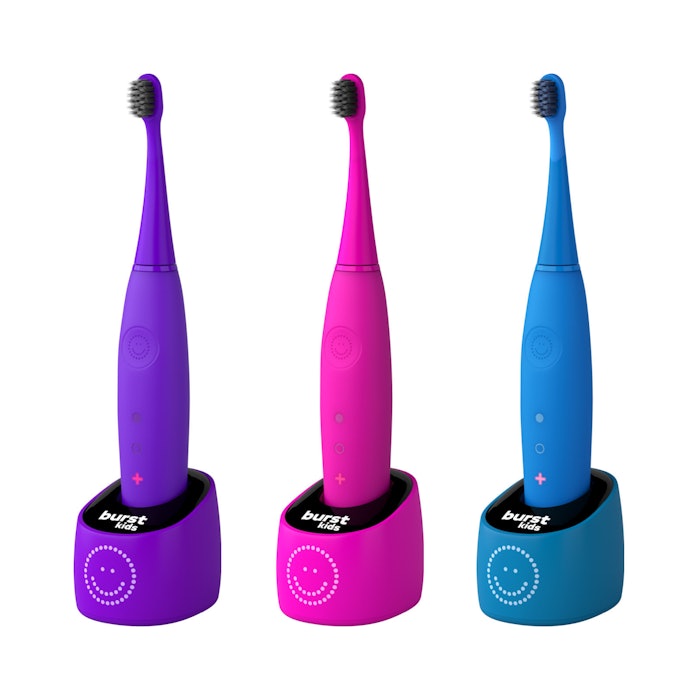 Burst founder Hamish Khayat says, 'The kids’ brush is a great example [of our product development philosophy]: the biggest problem with existing brushes was that brush heads aren’t curved at the end, so they can’t reach the rear molars. So, you curve the head and you solve that problem.' Pictured are variants of the BurstKids Sonic Toothbrush.