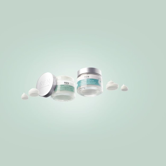 The upgraded packaging for Ren's face mask range includes a 20% PCR glass jar and an aluminum lid with an invisible thread.