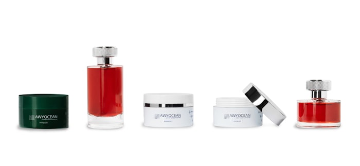 AwyOcean is a series of cosmetic and perfume packaging made from ocean-collected plastics.