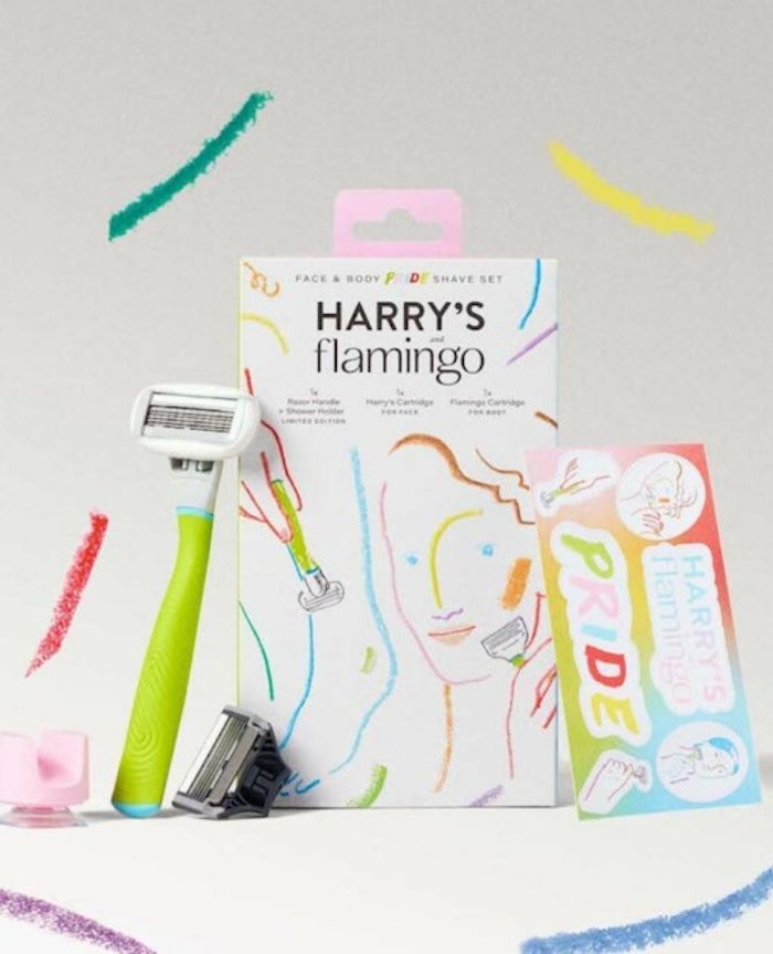 The Face & Body Shave Set includes a limited-edition shower holder and pride sticker sheet.