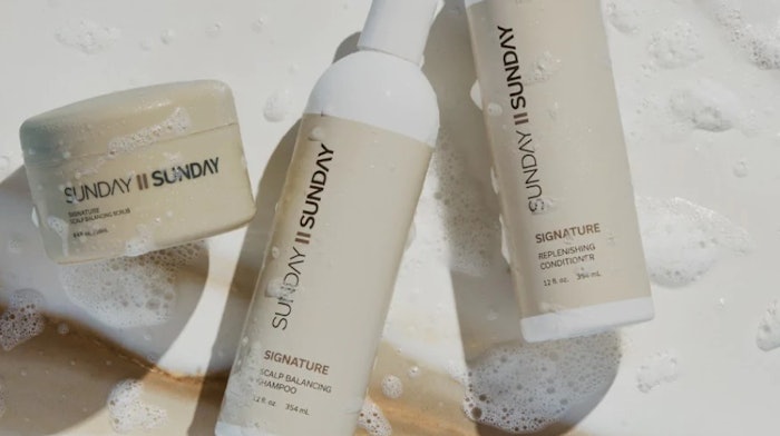 Products within the line include Sunday II Sunday's new shampoo and conditioner, as well as their Signature Scalp Balancing Scrub.