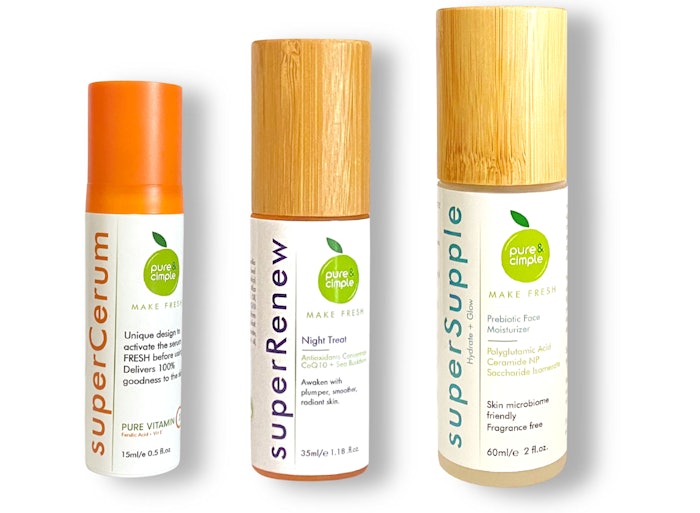Pure & Cimple simplifies skin care regimens with a streamlined collection of three products: the superCerum Pure Vitamin C serum, superRenew Night Treat oil and superSupple Hydrate + Glow prebiotic moisturizer.