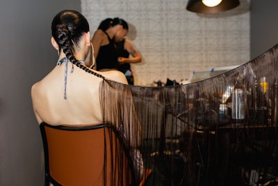 Long extended ponytail, during creation, by Dylan Chavles for Gauntlett Cheng S/S 2023