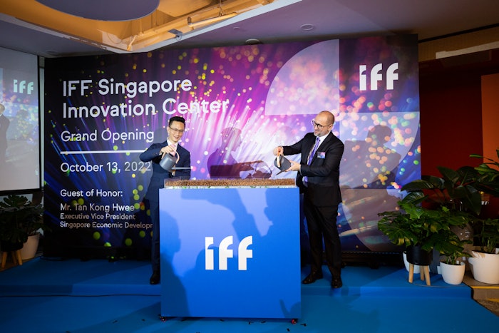 Pictured L to R: Tan Kong Hwee, executive vice president, Singapore Economic Development Board, and Ramon Brentan, IFF, regional genearl manager, Greater Asia, Scent.