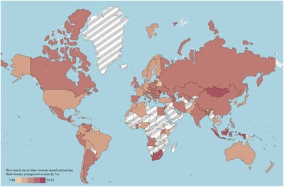 This map shows how much more time women spend than men on beauty-enhancing rituals around the world. The darker the shade, the greater the difference.