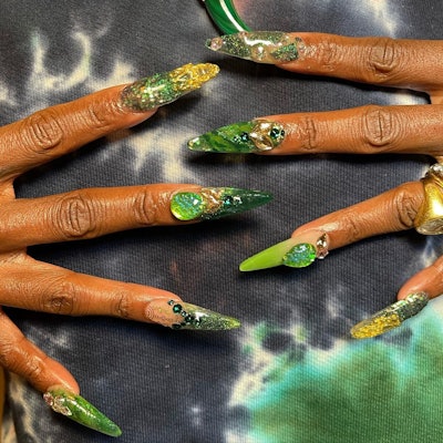 Cynthia Erivo's emerald green studded nails for the London premiere of Wakanda Forever created by Shea Osei.