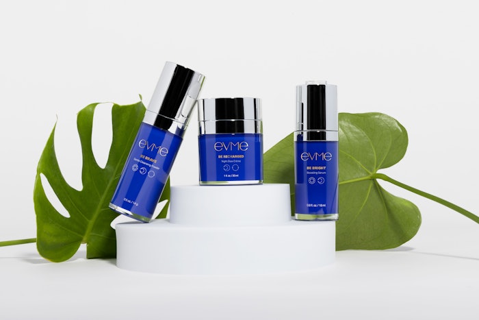 Evme debuted with a three-step skin care system: cleansing powder, serum and night cream. The products are sold in a set as part of a subscription model.
