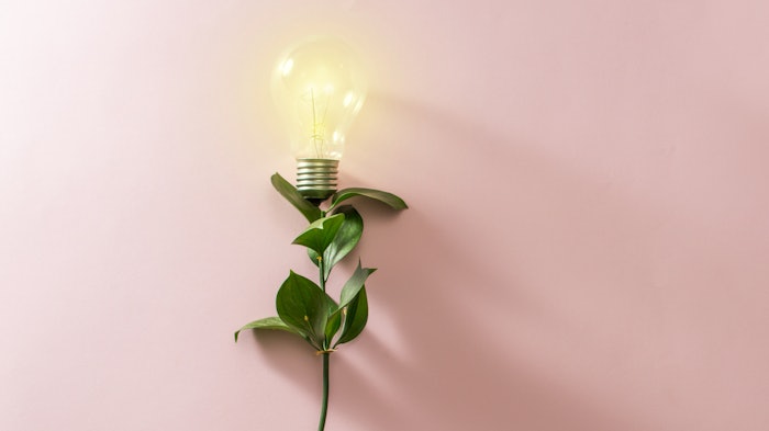 Eco green energy concept bulb, lightbulb leaves on pink background